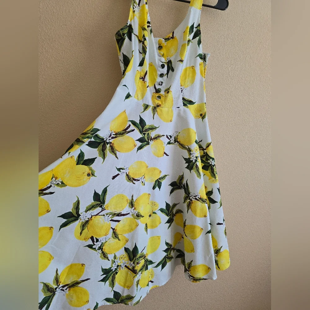Belle Poque Retro Vintage Fit & Flare Lemon Print Dress Size L - Picture 9 of 12